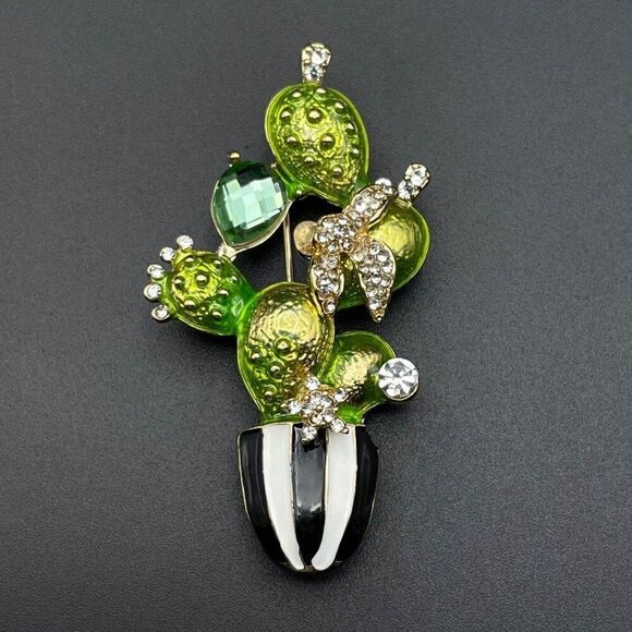 Yellow Gold with Emerald and Diamond Potted Cactus Plant Enamel Pin Back Brooch - Picture 2 of 9